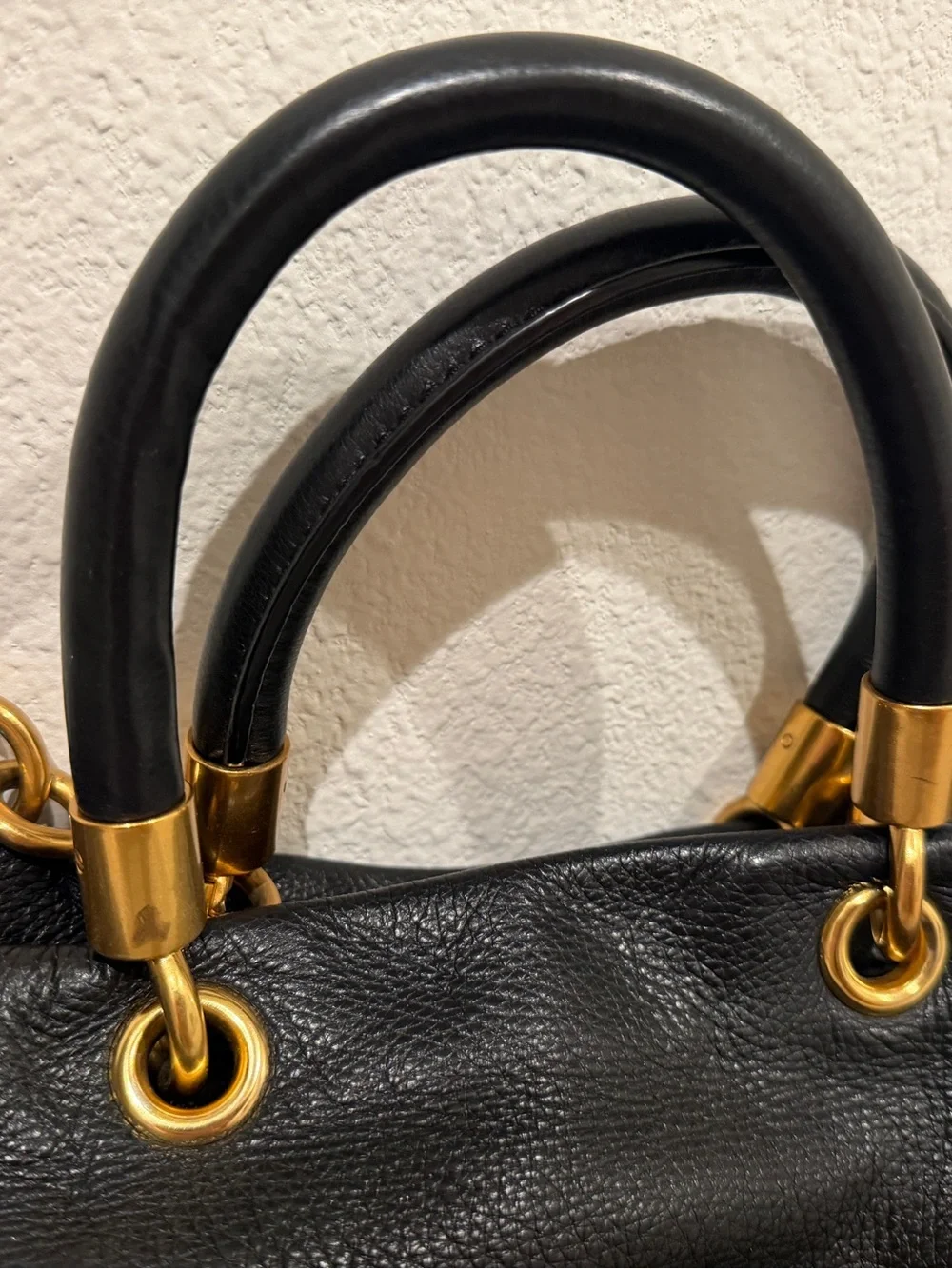 Marc by Marc Jacobs Black Leather Satchel with Gold Hardware Accents